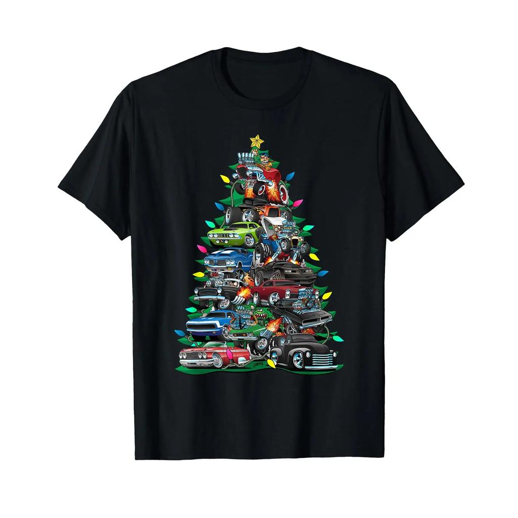 Car Madness Christmas Tree Classic Muscle Cars And Hotrods T Shirt Vintage Washed Designer Clothes Streetwear Slightly Casual