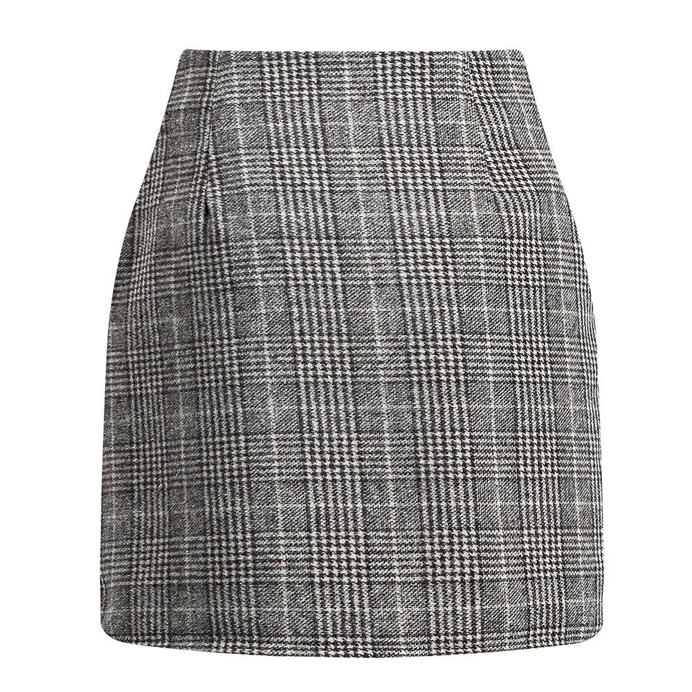 Women's High Waist Plaid Skirt Skinny Pencil Wool  Skirt