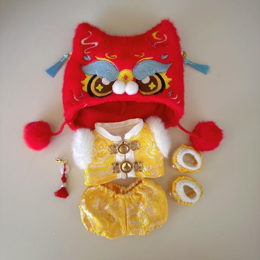New Year Outfit For For 1517Cm Labubu Doll Clothes Chinese Spring Festival Lion Head Costume Tang Suit Vest Doll Accessories
