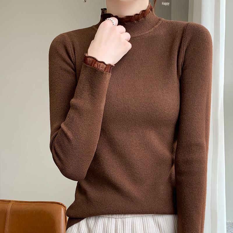 Women's Stylish Half-High Neck Knit Sweater - Lace Base Layer for Autumn & Winter