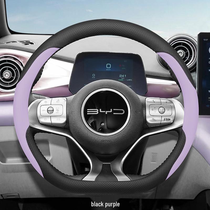 BYD Seagull/Dolphin Steering Wheel Cover: Ultra-Thin Genuine Leather, No-Sew Design for Car Interior, Women's Style.