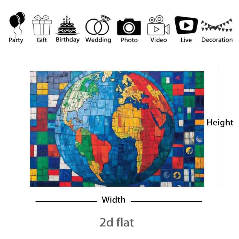 Mosaic World Globe National Flags Photography Backdrop Global Travel Classroom Educational Theme Shooting Photo Banner