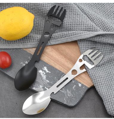 Multi Functional Camping Stainless Steel Spoon and Fork, Portable and Thickened Large Outdoor Tableware Set, Integrated Bottle Opener