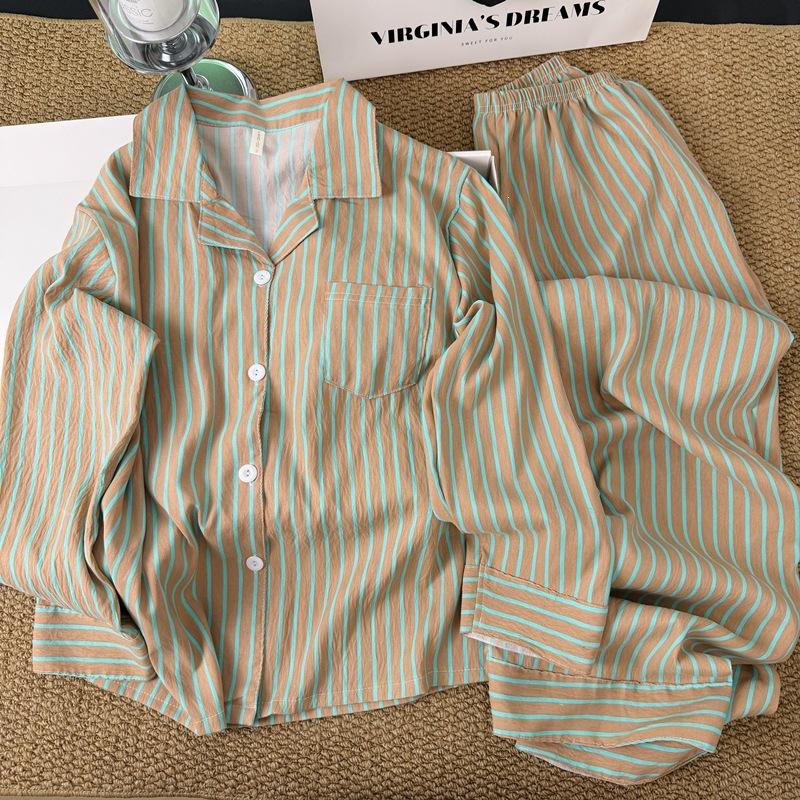 Korean Simple Contrasting Striped Pajamas Women's New Summer Loose and Lazy Long-sleeved Trousers Loungewear Two-piece Set