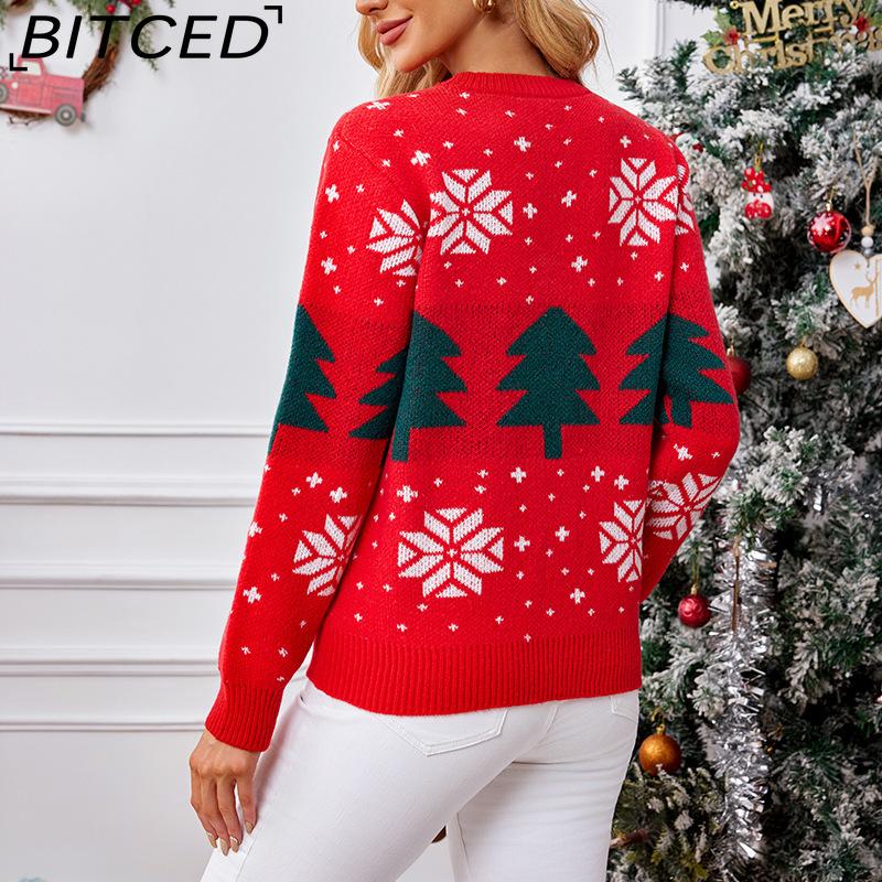 BITCED Christmas Red Sweater Autumn/Winter Women's Christmas Tree Jacquard Pullover Knit Sweater