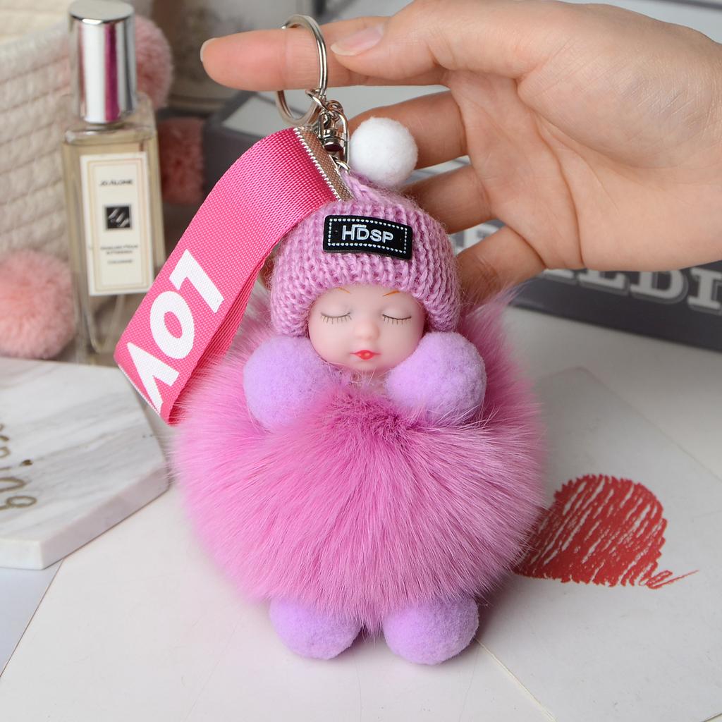 Pompom Sleeping Baby Keychain Cute Fluffy Plush Doll Keyholder Women Girl Bags Keyrings Cars Key Ring Gift Charming Decoration
