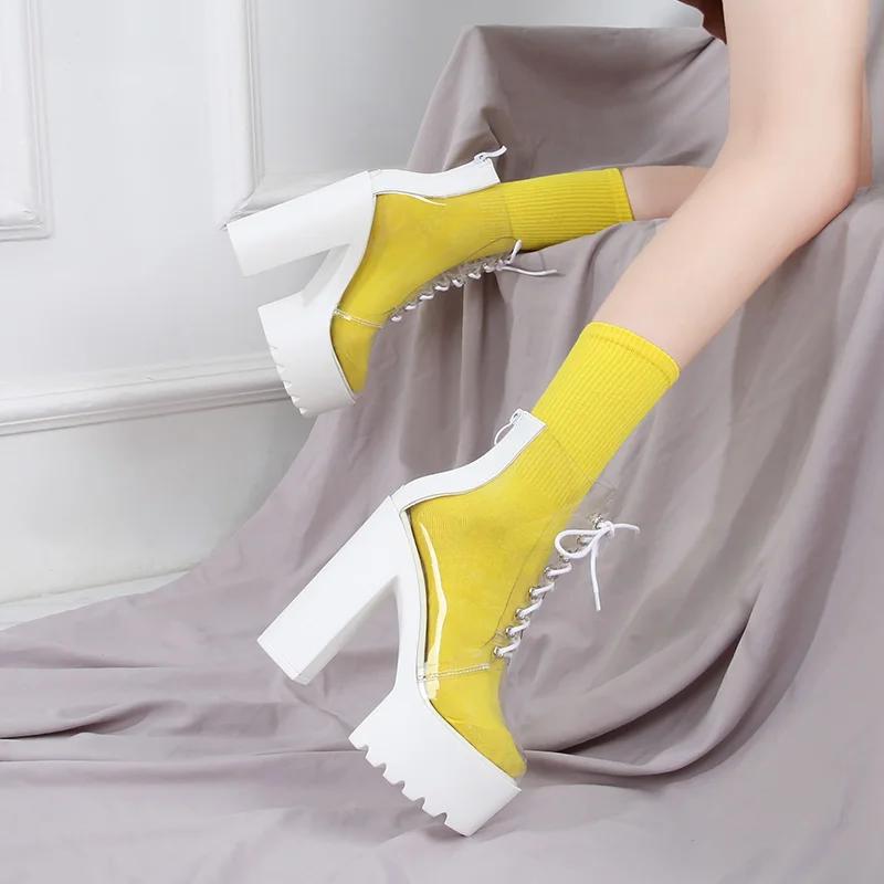 Fashion Women's Thick Platform Pvc Ankle Boots Square Chunky High Heels White Round Toe Female Shoes Concise Modern Casual Office