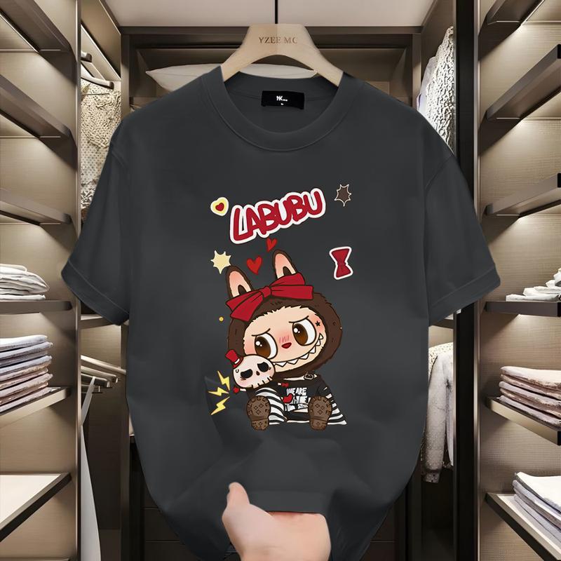 Polyester Fiber Material Fun Cartoon 3D Printing Labbubu Loose Short-sleeved T-shirt Round Neck Top Unisex
