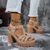 New Ethnic Style Roman Style Sandals with Summer Thong High-heeled Shoes with Velcro, Casual European and American Thick Heel High-heeled Shoes