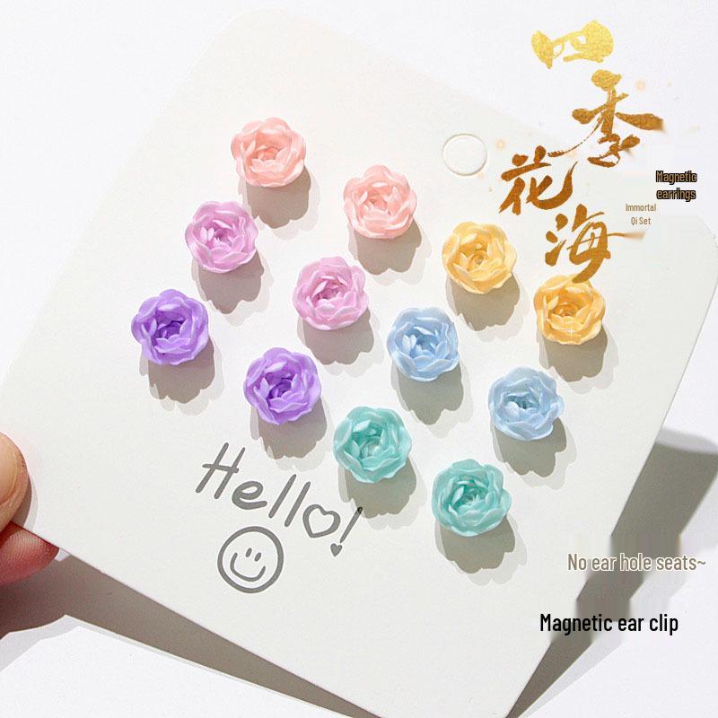 Cherry Blossom Pink Camellia Stud Earrings - Cute & Sweet Set with Magnetic Clips, Fresh Style.