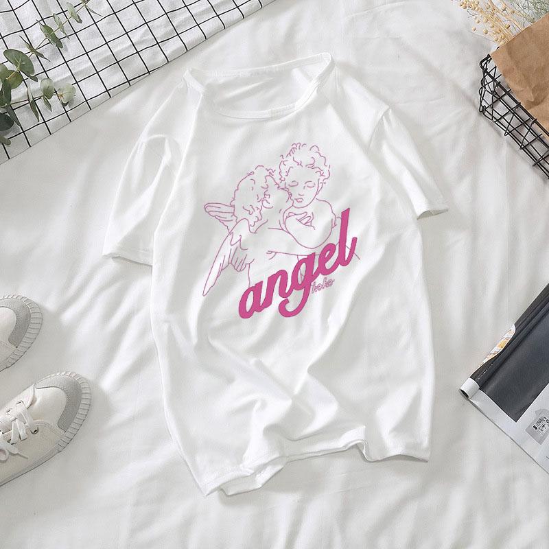 Fashion Kawaii Angel Printed Women Top Tees Summer Loose Oversize Streetwear Casual Clothing Pink cute