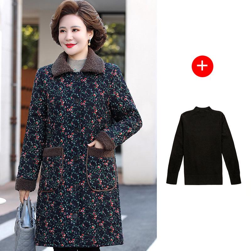 Mamas mittellange Winterjacke mit Blumenmuster - Fleecegefüttert & verdickt für Wärme, ideal für Frauen mittleren und höheren Alters