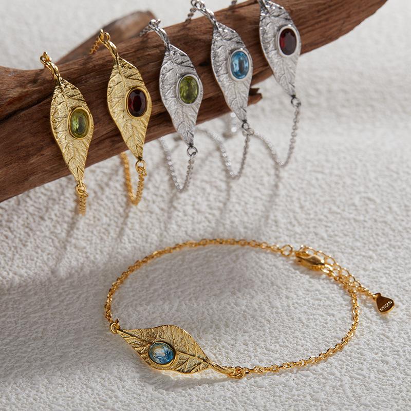 Original Leaf Design S925 Sterling Silver With Natural Garnet Topaz Peridot Colored Treasure Necklace Set