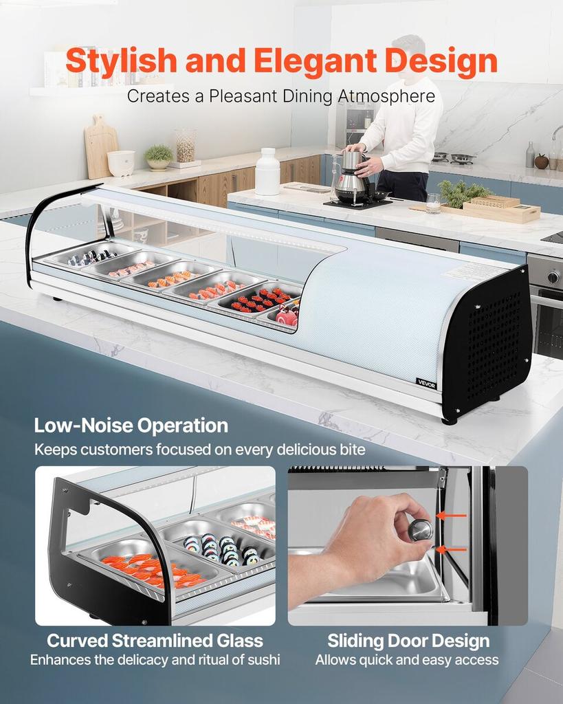 Sushi Display Case Refrigerator, 62L Commercial Sushi Case, 6-Pan Countertop Showcase with Curved Glass, LED Lighting, and Digital Temperature