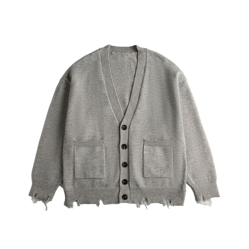 

Мужской кардиган нового стиля осень/зима 2024 с рваным краем, американский ретро вязаный свитер с бахромой, повседневная куртка-свитер Sky Gray S