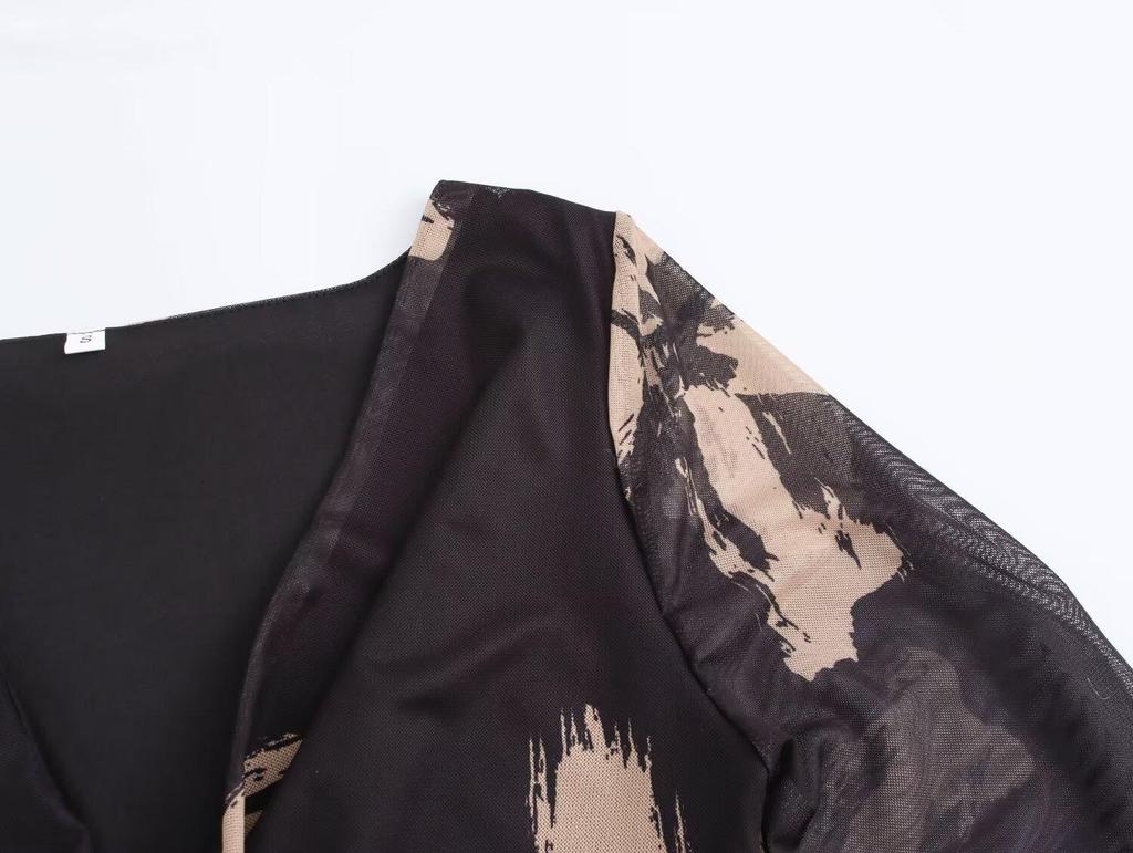 2024 Fall Women's European & American Style Cowl Neck Print Mesh Long Sleeve Dress