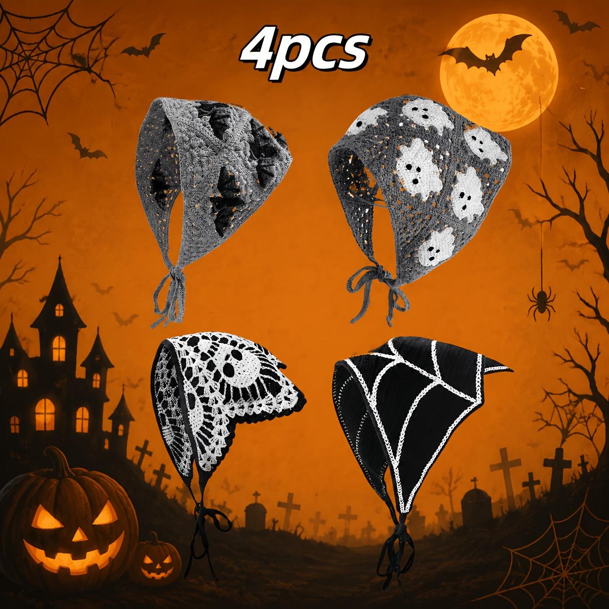 4Pcs Bohemian Style Crochet Headbands Cute Ghost, Bat, Spider Web Pattern Triangle Headscarves Halloween Headwear 4Pcs