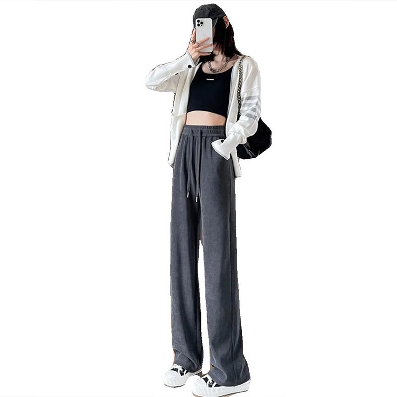 Women's Gray High-Waisted Wide-Leg Drawstring Pants - 2025 Autumn/Winter, Casual, Pear-Shaped Slimming, Hip-Covering.