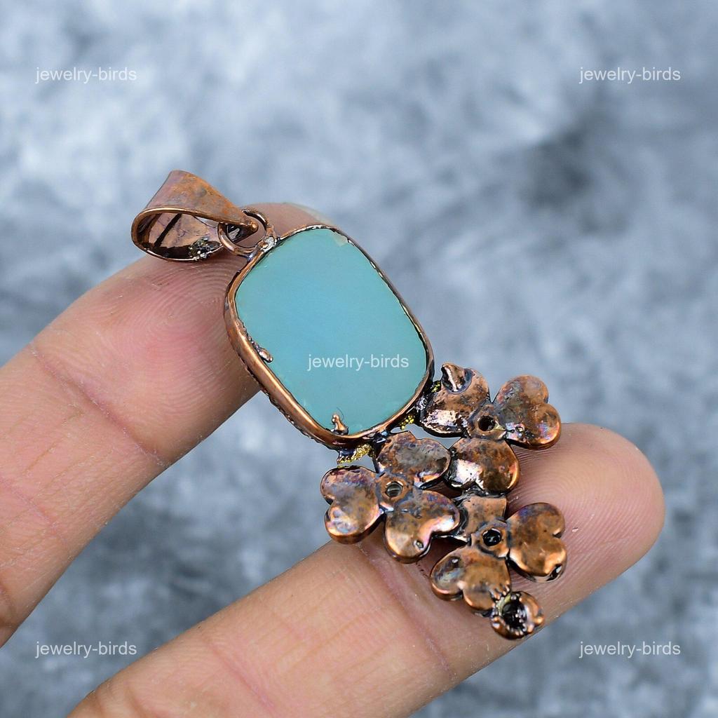 Square Natural Blue Chalcedony Copper Electroformed Handcrafted Pendant Jewelry VP-45