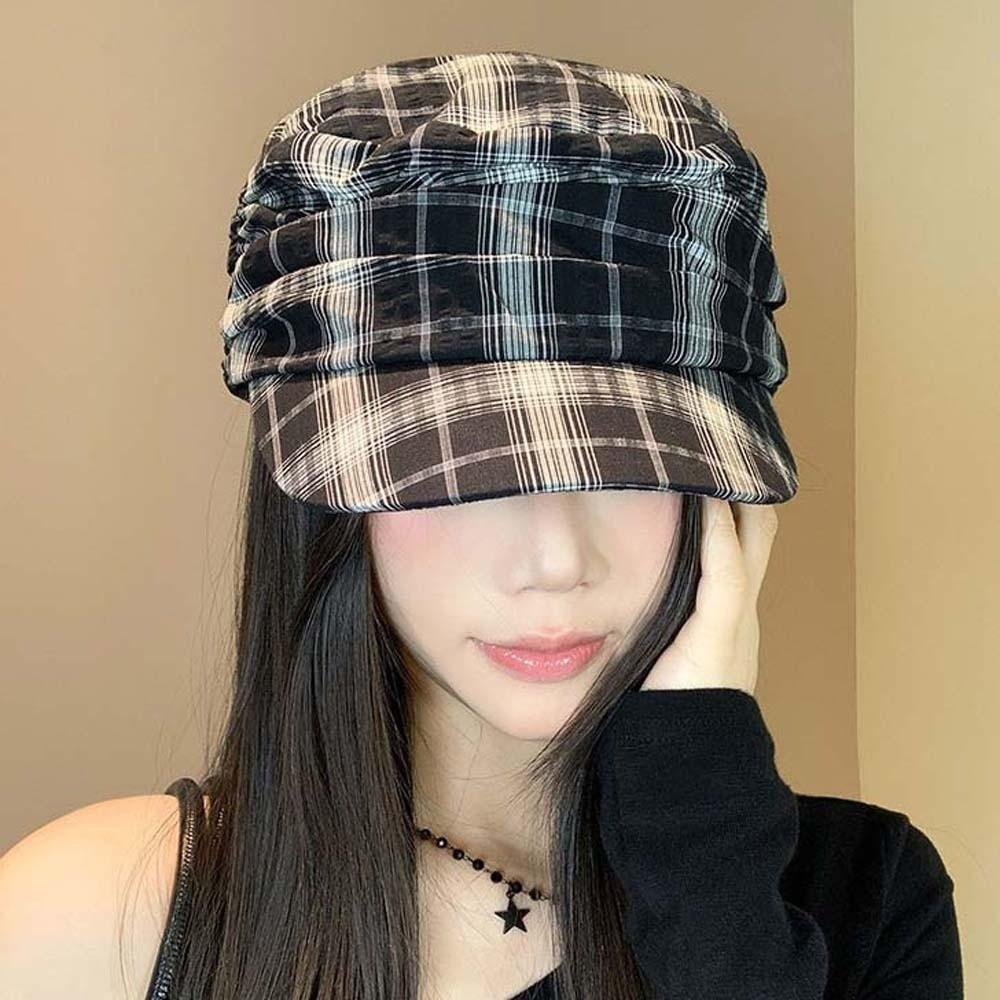 Karomuster Falten Reithut im Vintage-Look Japanischer Stil Unifarben Schirmmütze Flache Kappe Retro Britischer Stil Sonnenschutzhut