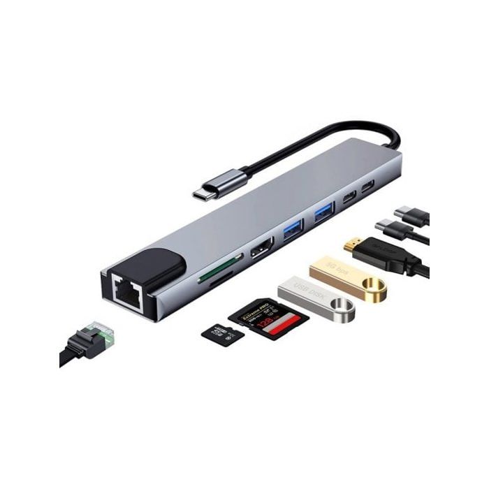 Hub USB-C 8 en 1 - Ewent - EW1146 - HDMI 4K - Ethernet 1000Mbps - Compact et léger