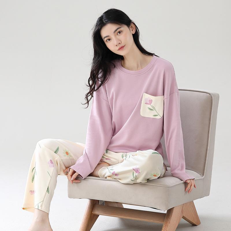 Cotton Pajamas Set Women Loose Fit Sleepwear Long Sleeve Two-Piece Loungewear Home Wear Comfortable Outfit Plus Size Options Breathable Fabric