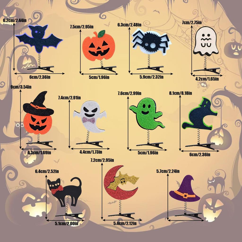 Set med 11 Halloween-hårklämmor - Spöke, Pumpa, Spindel, Fladdermus, H witchhatt och Katt-designer - Hängande hårnålar för Cosplay, Kostymer och Halloween