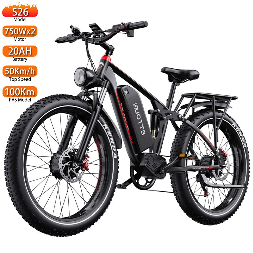 Electric Bicycle All Terrain Duotts 26" 750Wx2 Motor Fully Suspended Adult Electric Bicycle Max Load 150Kg Shimano 7 Speed Black S26