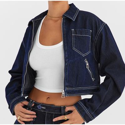 Women Denim Jackets Turn Down Collar Zippers Coats 2025 Spring Long Sleeve Basics Pockets Washing Solid Color Slim Outerwear