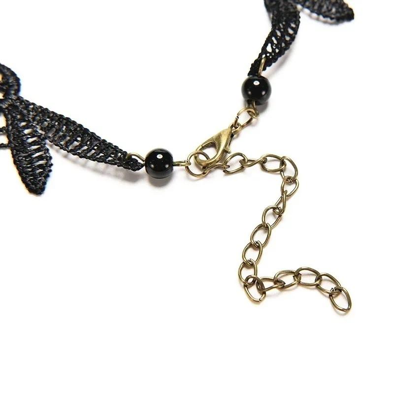 Fashion Vintage Gothic Choker Necklace Black Lace Beaded Collar Steampunk Style Layered Gemstone Pendant for Women Jewelry