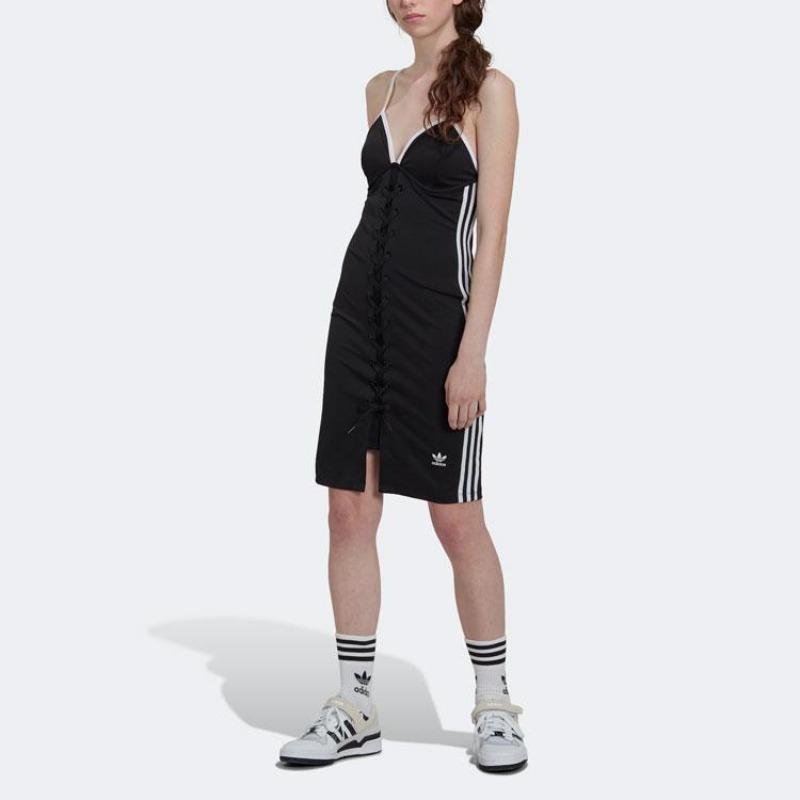 adidas Originální dámské šaty tílko úzkého střihu s bočním pruhem a stahovací šňůrkou Černá HK5084