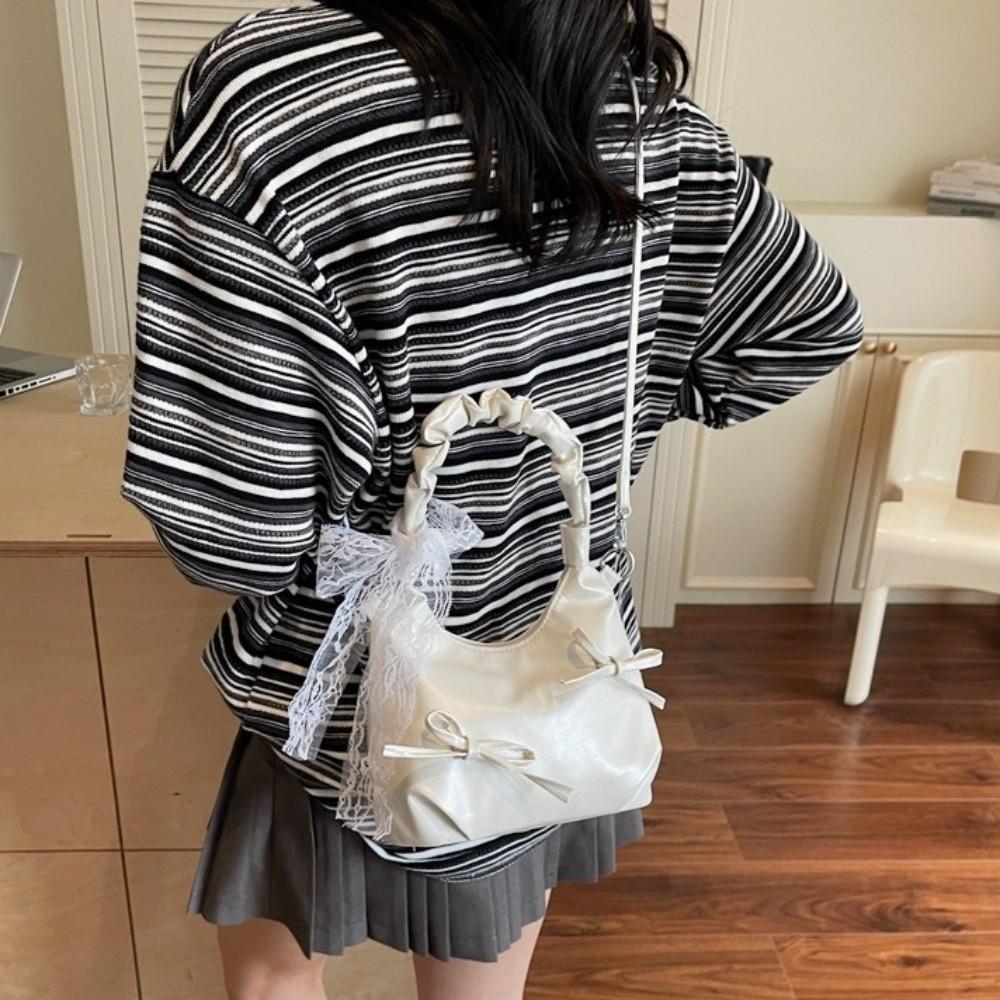 Pleated Evening Handbag Beige Underarm Bag Sweet Bow PU Shoulder Bag Travel