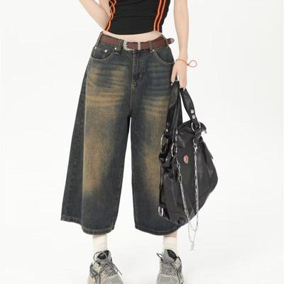 Vintage Streetwear Women Jeans Summer Loose Male Wide Leg Knee Length Shorts Men's Oversize Fashion Denim Trouser Pants Y2K