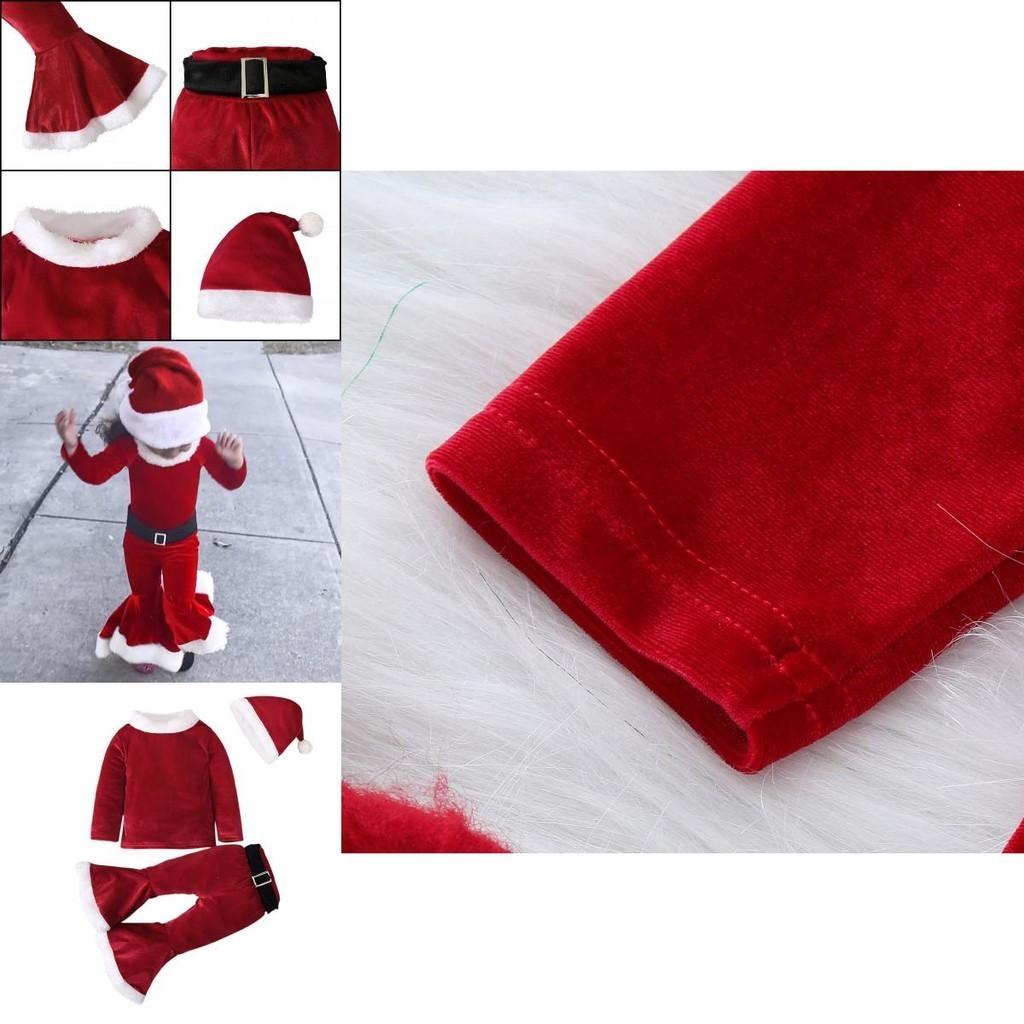 Festive Christmas Kids Girls Plush Flared Pants Suit With Santa Hat Tree Hat