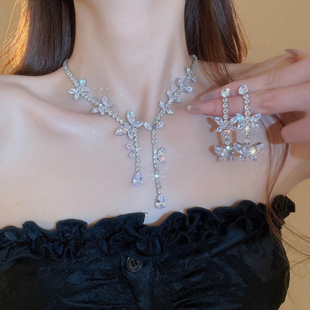 French-Style Earrings and Necklace Set Zirconia Butterfly Tassel Jewelry Sets for Banquets