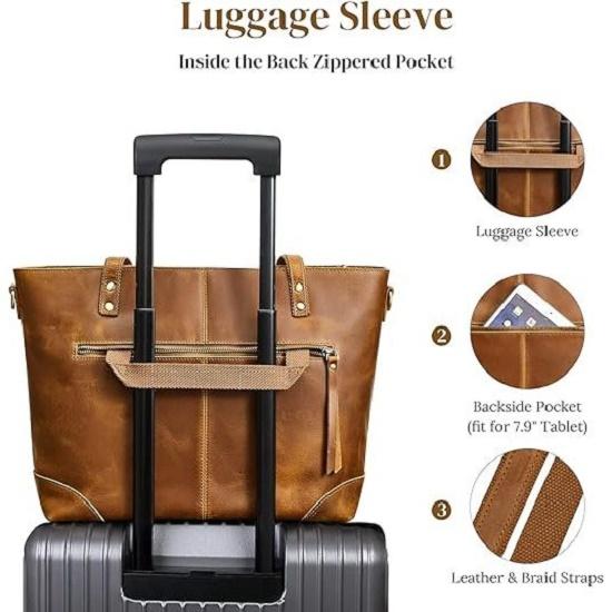 Genuine Leather Tote Bag for Women Work Shoulder Crossbody Purses Handbag with Outside Pockets