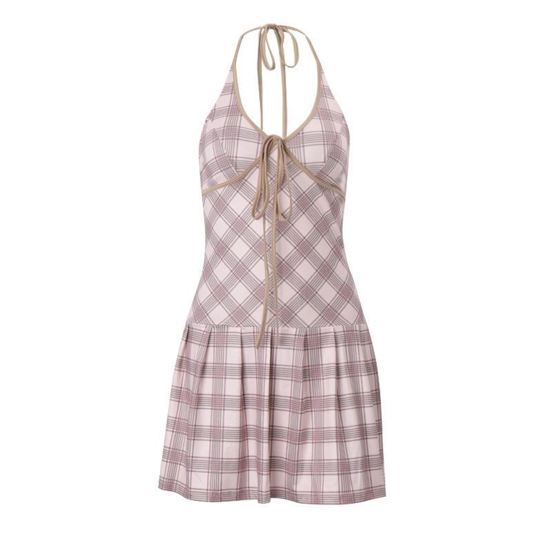 ins European and American style winter new fashionable sexy sweet and spicy V-neck strap contrasting color plaid neck dress women S розовый