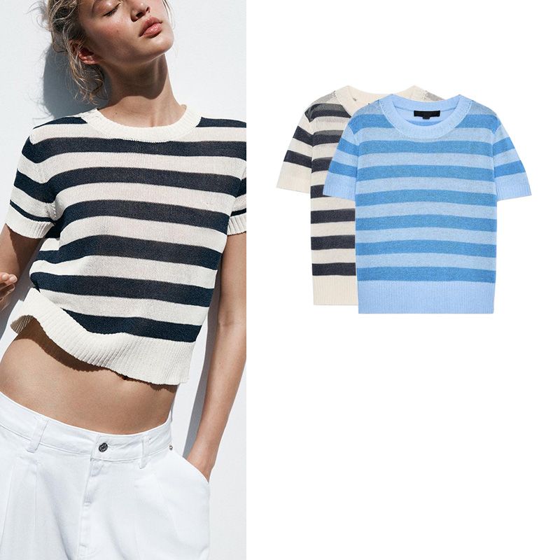 Summer New Arrival Women's Clothing Easiest for Match Leisure Pullover Simple Knitting Stripes round Neck Short Sleeve Tops 2142079
