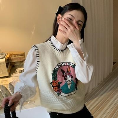 2023 Outono Novo Versátil Estampa de Desenho Animado Pulôver Sem Mangas Suéter Top Regata de Tricô Feminina