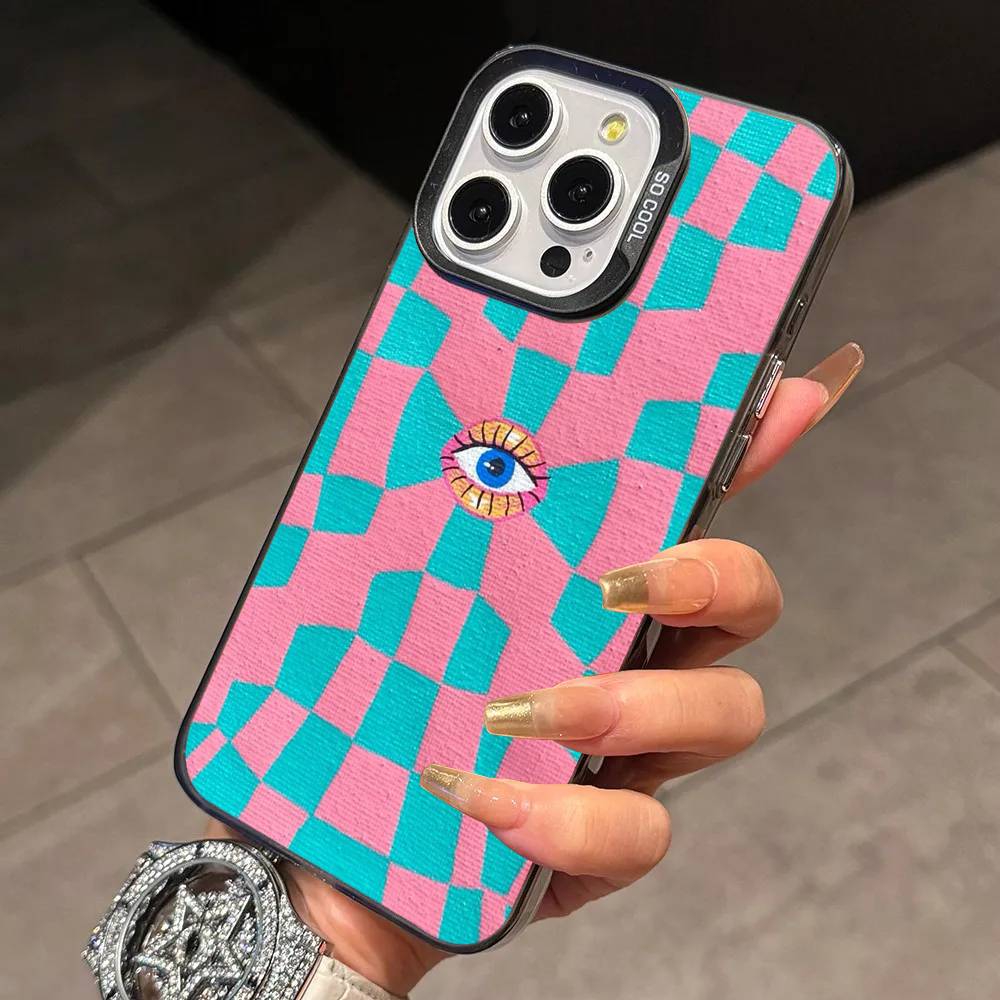 Big Eyes Trendy Print Lines Phone Case For iPhone 17,16,15,14,13,12,11 Plus,Pro Max,XS,Colored Silver Plated Inside Cover