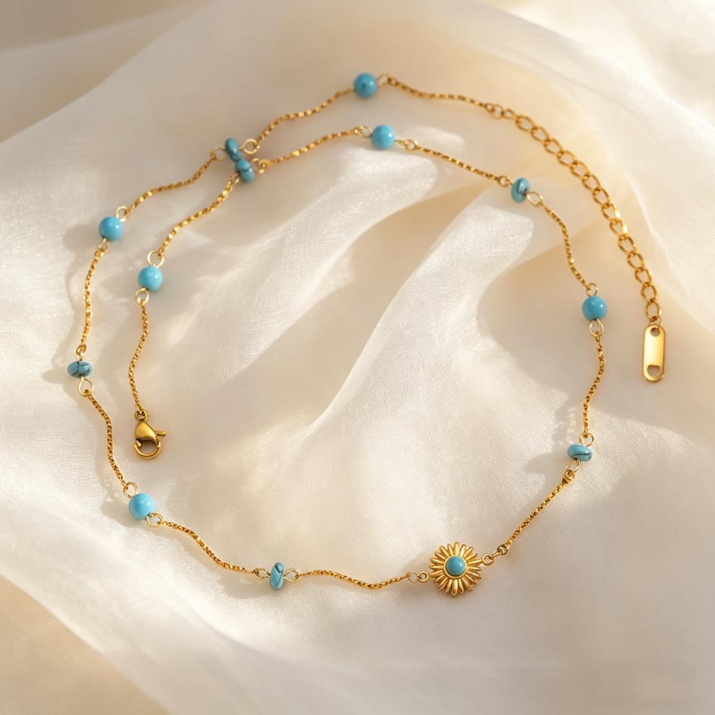 Stainless Steel Sun Pendant Necklace, Blue Natural Stone Beads Wave Chain Necklace for Women, Gold Plated Vintage Jewelry Gift