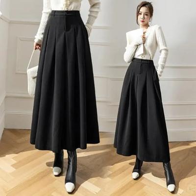 Vintage Winter Woll Lange Röcke Für Frauen Streetwear Hohe Taille Plissee Maxi Rock Große Schaukel Falten A-linie Jupe Longues Femme
