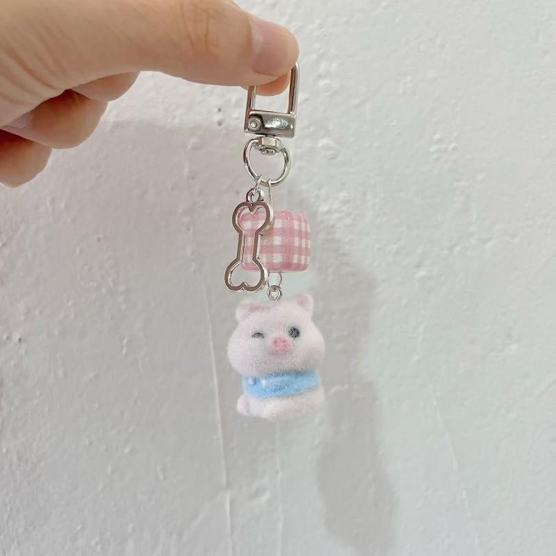 Cartoon Flocking Dog Piggy Pendant Keychain  Key Ring For Women Girls Cute Bag Pendant Kawaii Mobile Phone Chain Gifts