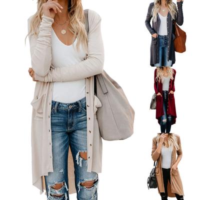 Herbst Europäische und Amerikanische Große Damenmode Mittellanger Knopf Einfarbiger Strickjackenmantel