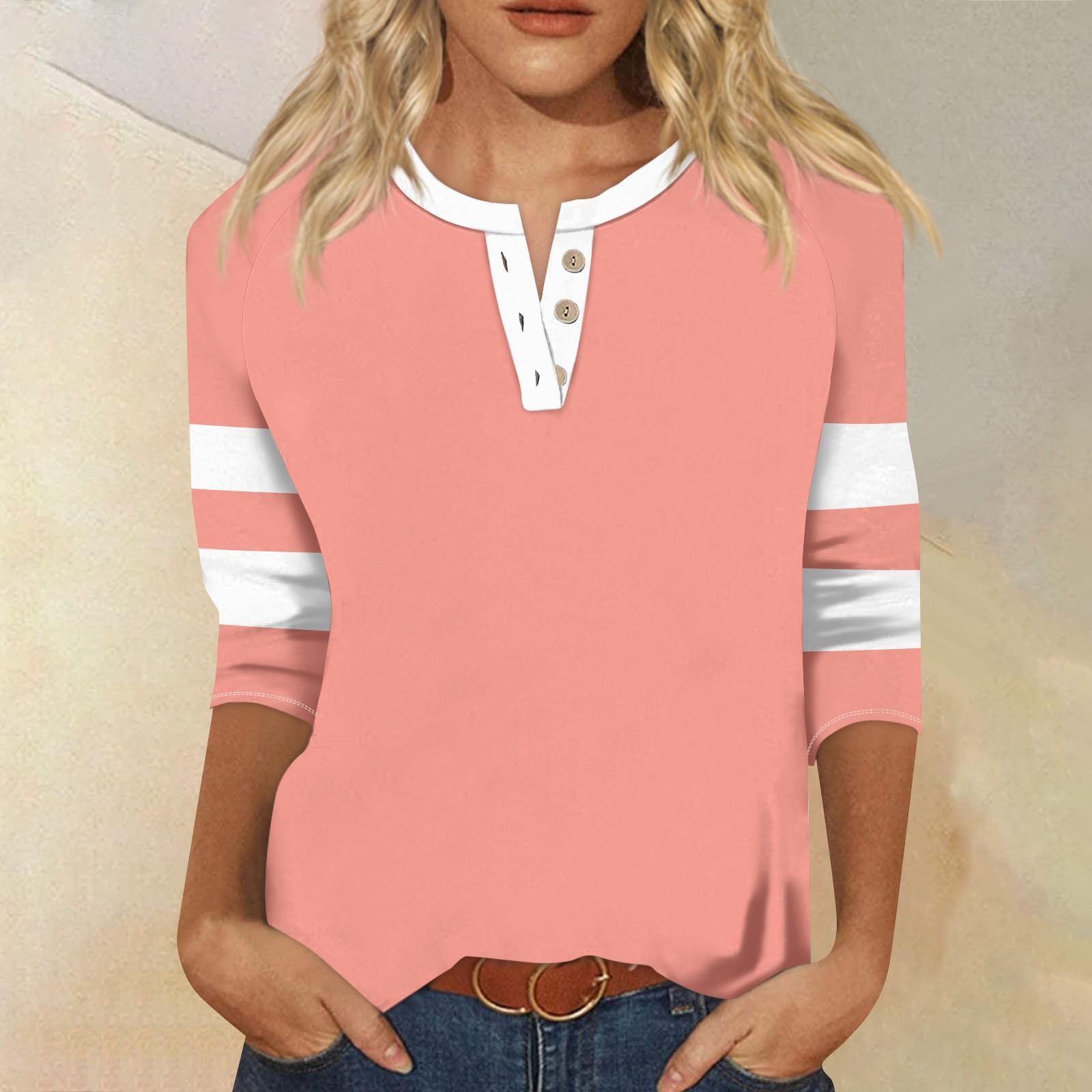 Женская модная футболка, повседневная, однотонная, с V-образным вырезом, застежкой на пуговицы, рукавами длиной семь четвертей XXXXXL розовый