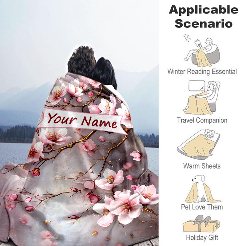 1PC Custom Name Cherry Blossom Art flannel blanket versatile,all-season throw suitable for the living room,bedroom,camping,travel,and gift