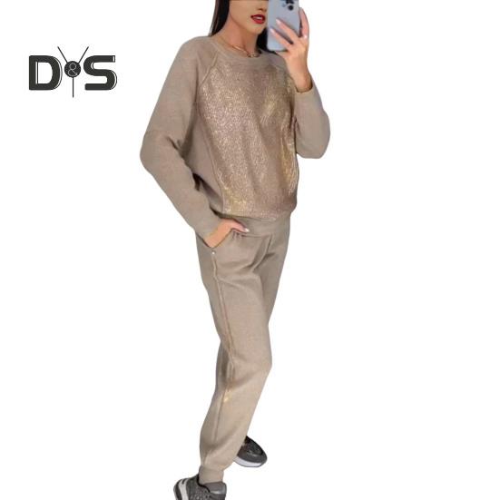 

2 шт./комплект женский топ брюки костюм со стразами декор О-образный вырез длинные рукава пэчворк спортивный свитшот эластичный пояс брюки фитнес-наряд осень весна M абрикосовый