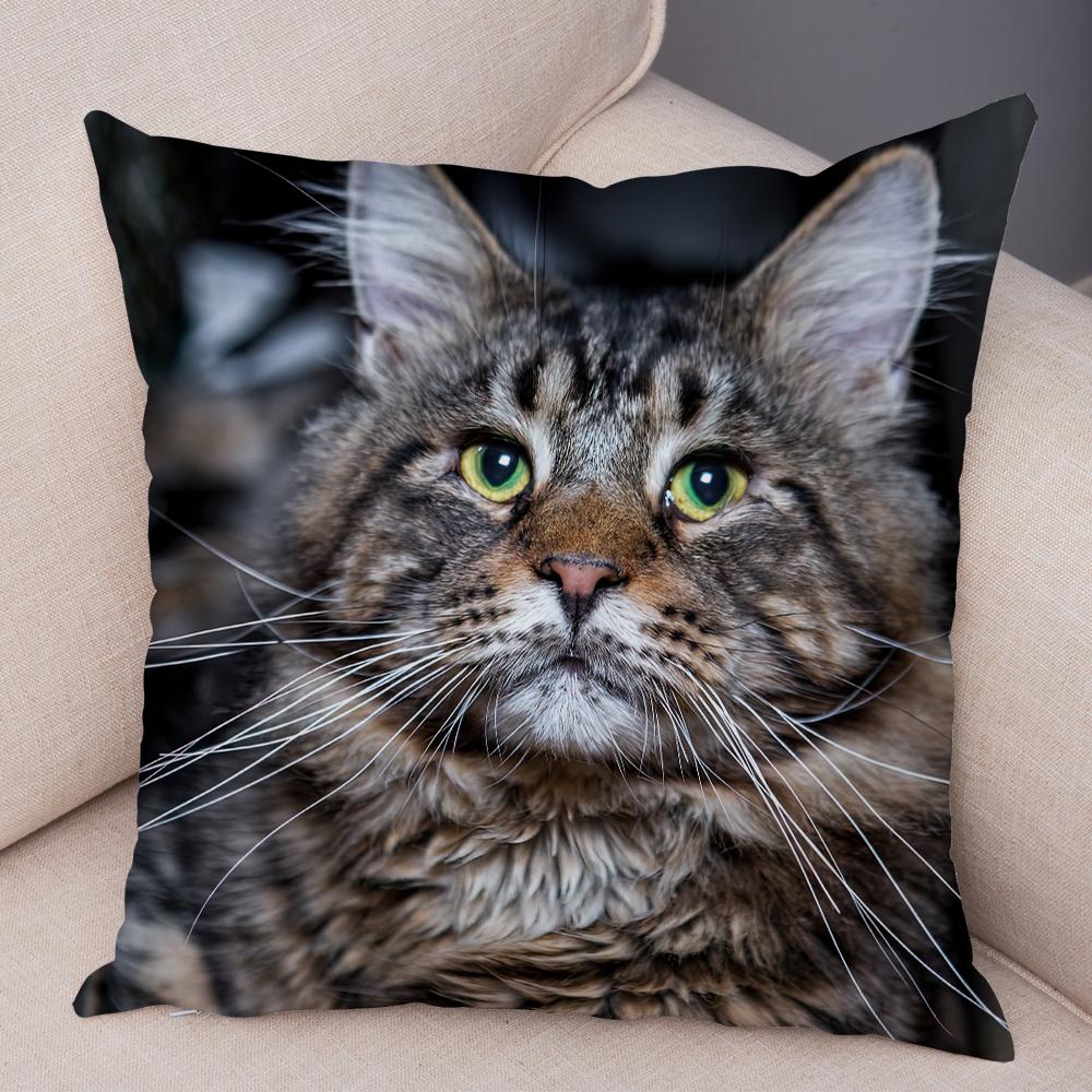 Long Haired Cat Face Cushion Cover Detailed Feline Art Double Sided Living Room Bedroom Decor Pillow Case
