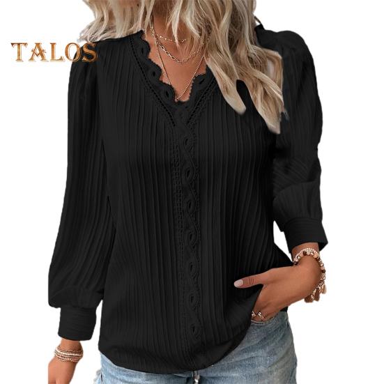 

Женская рубашка с v-образным вырезом и кружевной отделкой, пуловер с длинными рукавами, однотонный топ свободного покроя с кружевным декором L чёрный