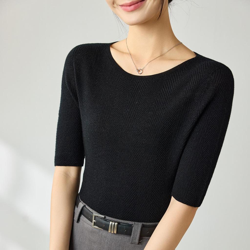 Yangtze Fine Spun Wool One-Shoulder Mid-Sleeve Women's Slimming T-Shirt, Spring Pure Color Elegant Base Layer Top